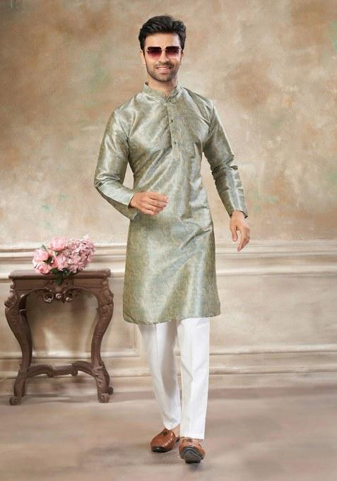 Grey Embroidery Silk Kurta With Pyjama