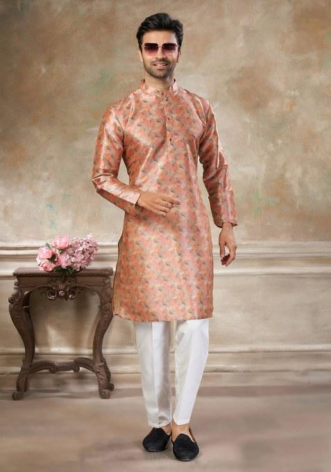 Orange Embroidery Silk Kurta With Pyjama