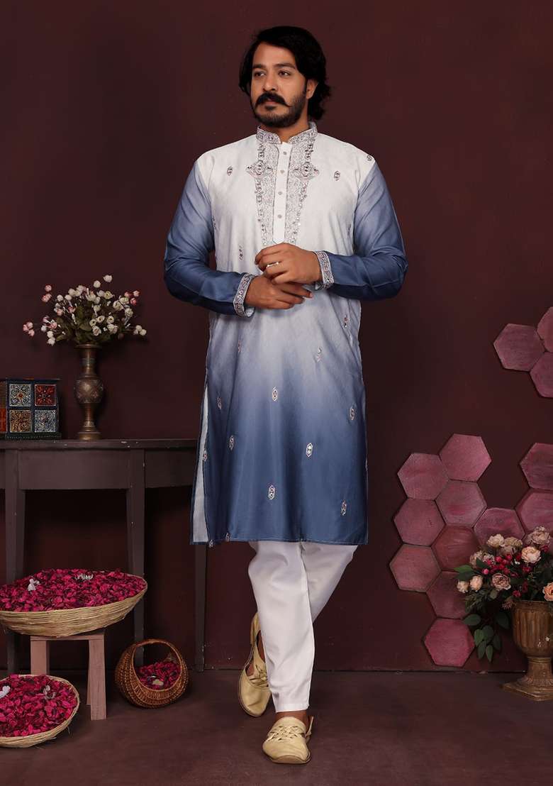 Navy Blue Embroidered Silk Blend Kurta - Indya
