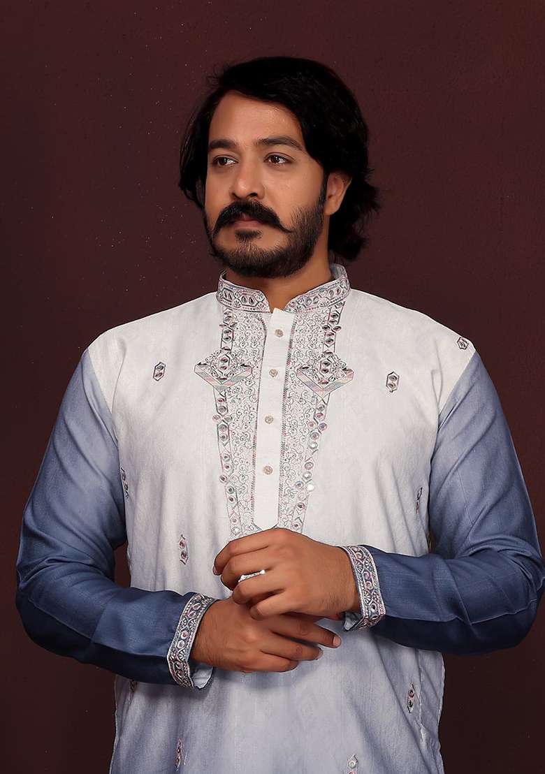 Navy Blue Embroidered Silk Blend Kurta - Indya