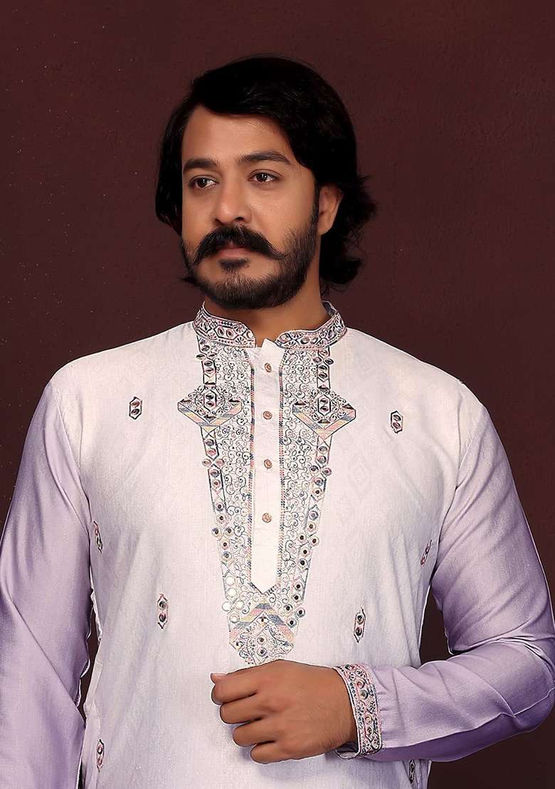 Purple Embroidered Silk Blend Kurta - Indya