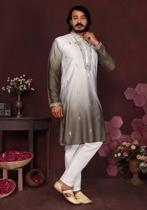 Brown Embroidery Silk Kurta With Pyjama