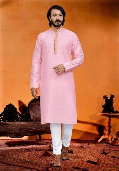 Pink Amboj Work Jacquard Silk Kurta With Pyjama