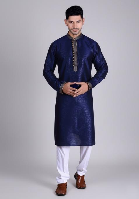 Blue Amboj Work Silk Kurta With Pyjama