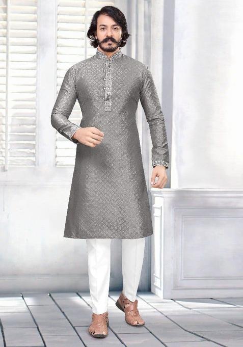 Grey Embroidery Jacquard Kurta With Pyjama