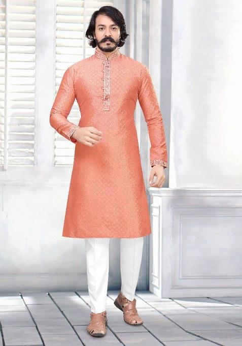 Peach Embroidery Jacquard Kurta With Pyjama