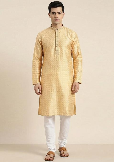Cream Self Design Heavy Jacquard Silk Kurta With Pyjama
