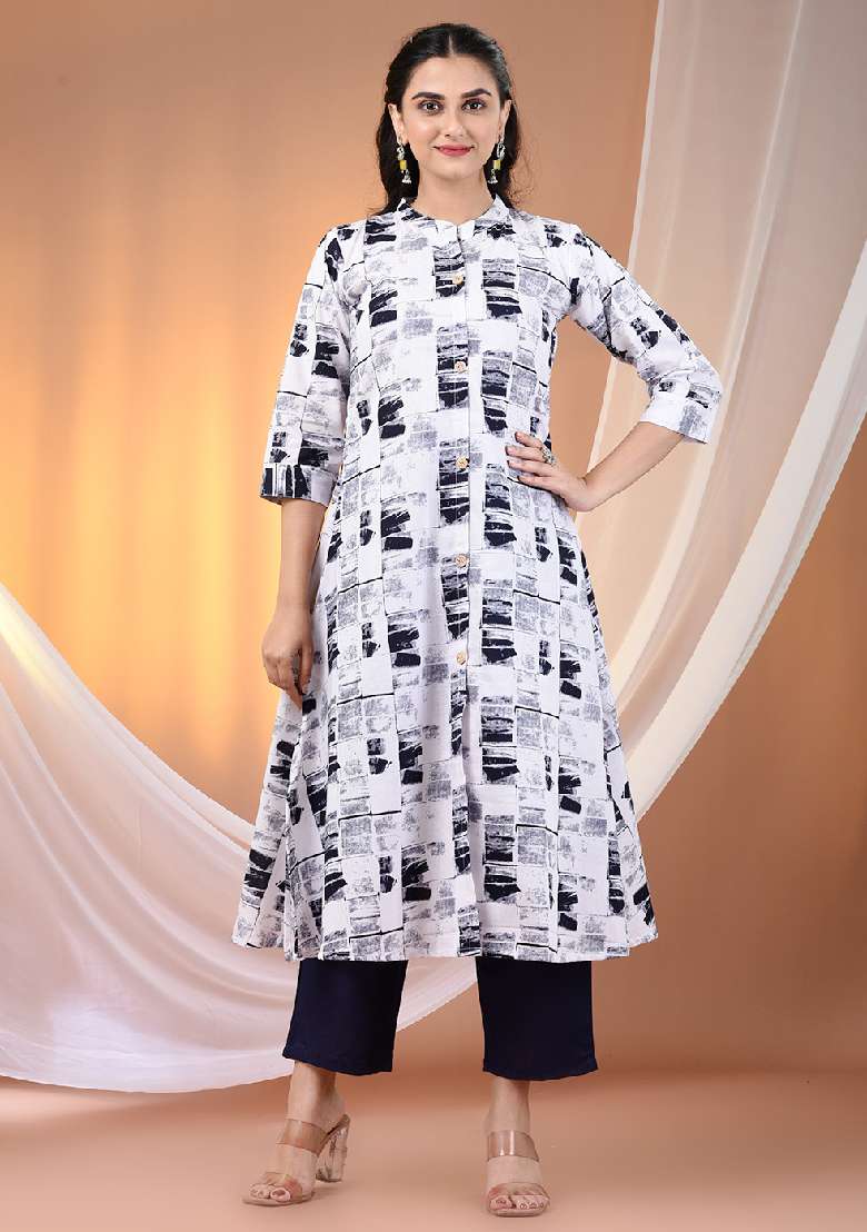 White Printed Cotton A Line Kurta Set - Indya