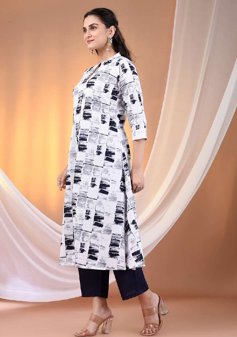 White Printed Cotton A Line Kurta Set - Indya