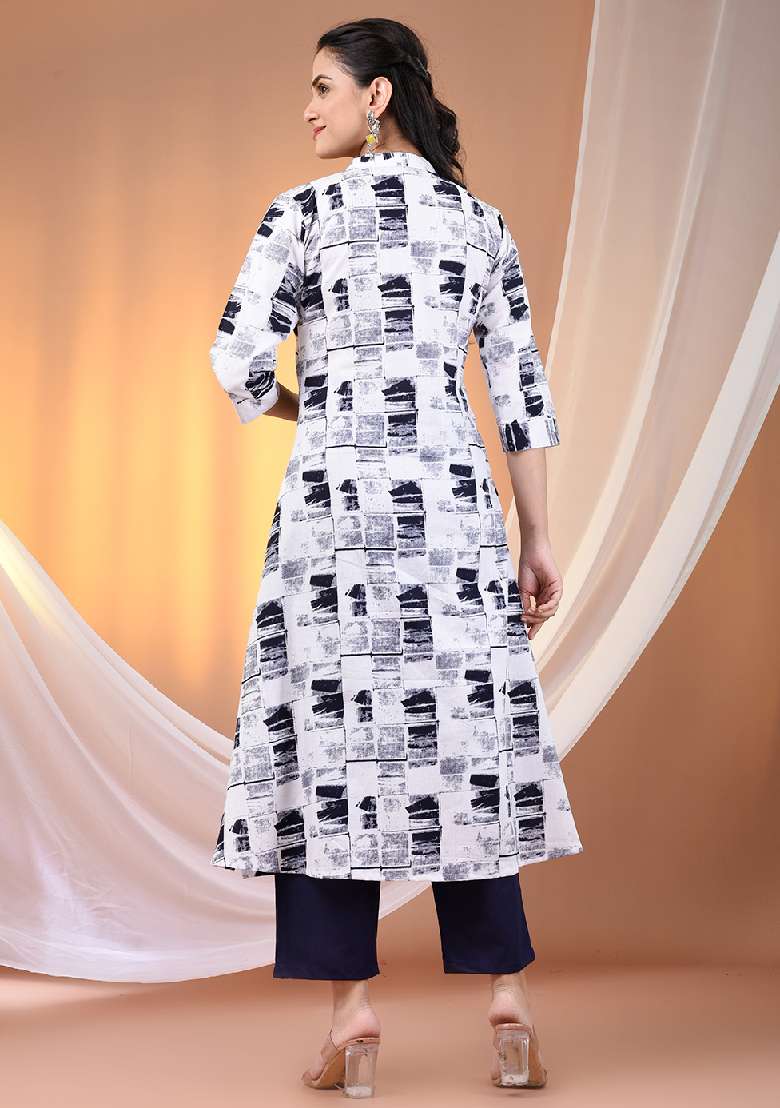White Printed Cotton A Line Kurta Set - Indya