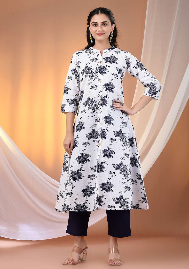 White Floral Print Cotton A Line Kurta Set - Indya