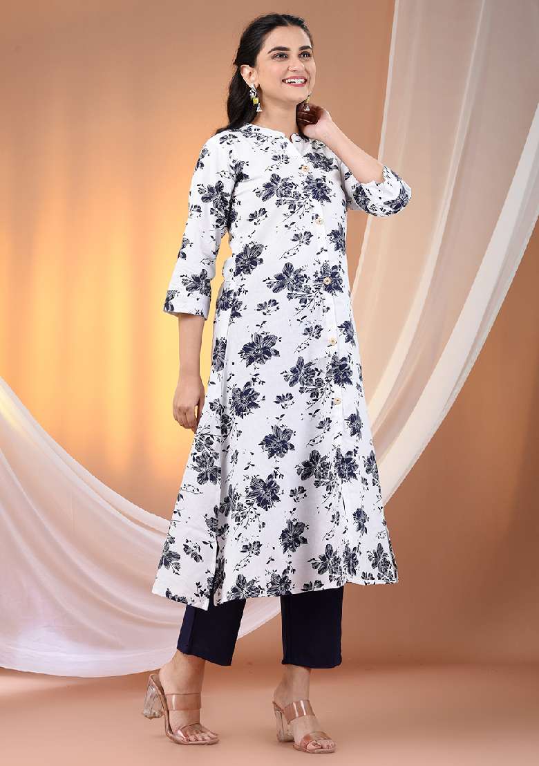 White Floral Print Cotton A Line Kurta Set - Indya