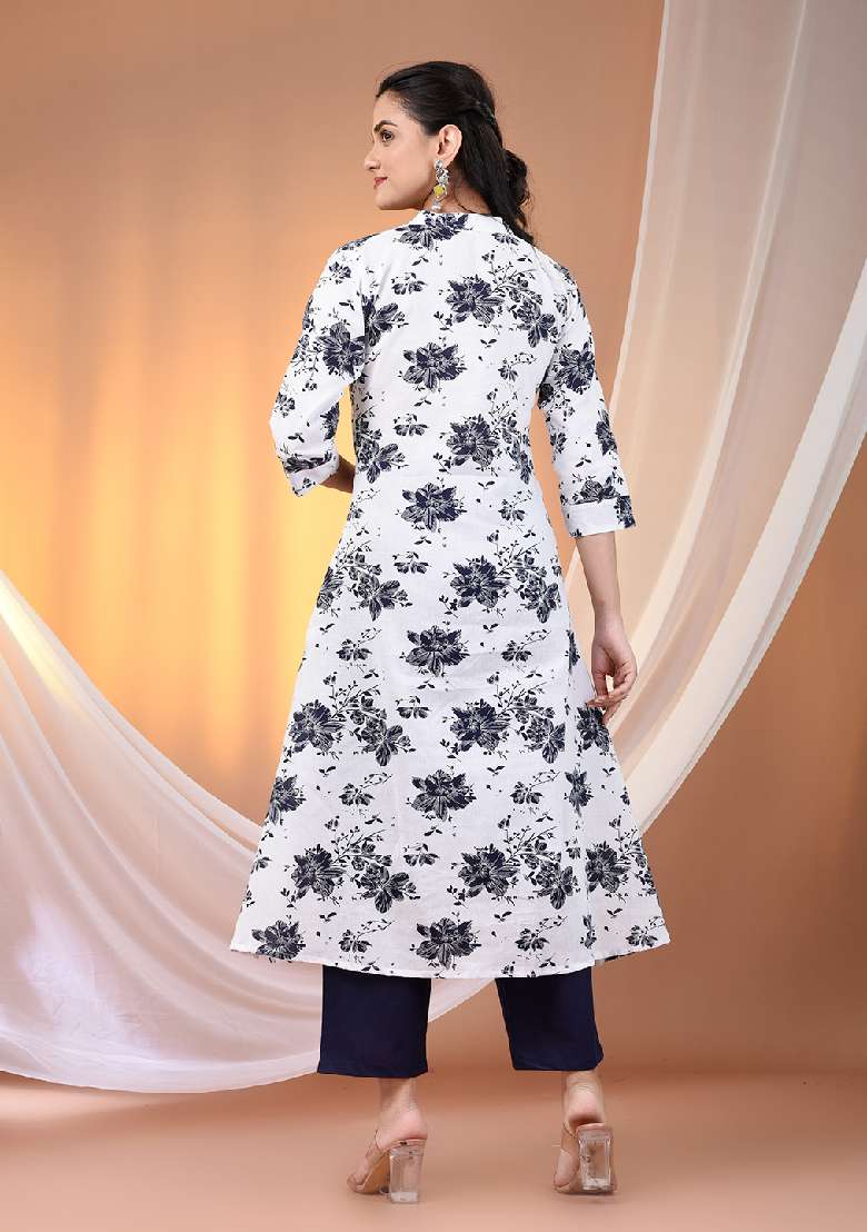 White Floral Print Cotton A Line Kurta Set - Indya