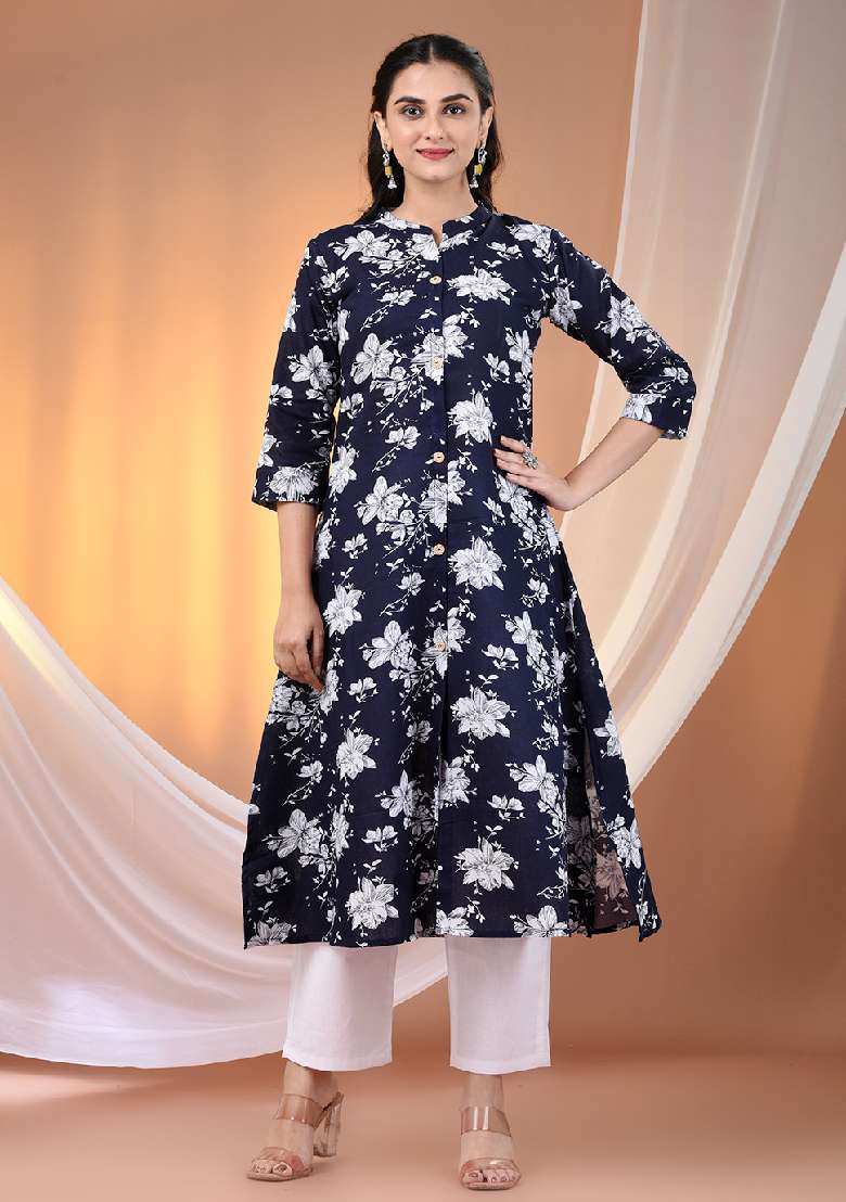 Navy Blue Floral Print Cotton A Line Kurta Set - Indya