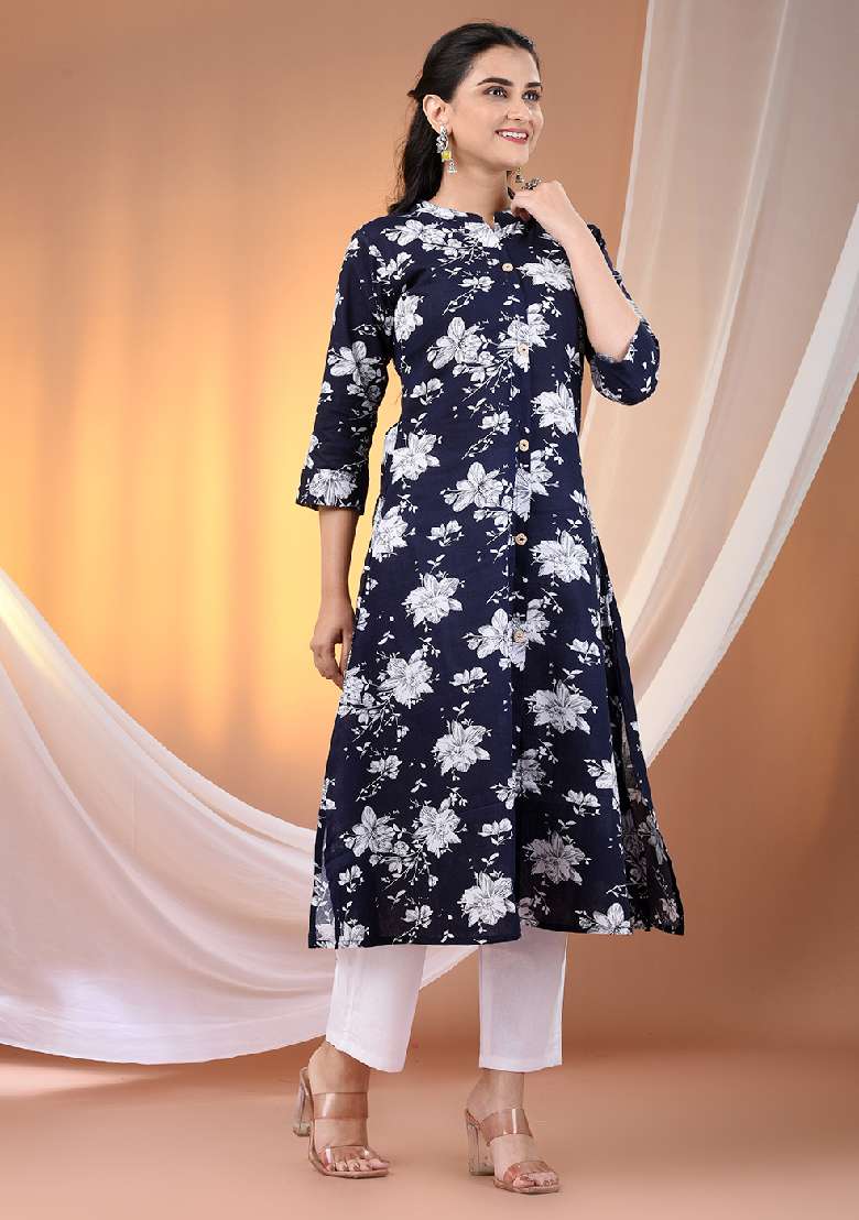 Navy Blue Floral Print Cotton A Line Kurta Set - Indya