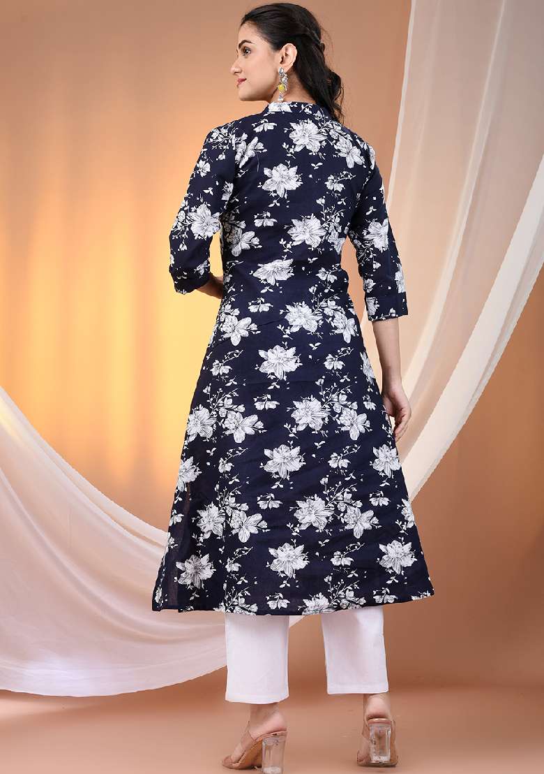 Navy Blue Floral Print Cotton A Line Kurta Set - Indya