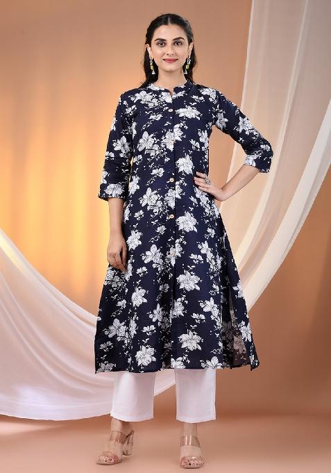 Navy Blue Floral Print Cotton Kurta Set