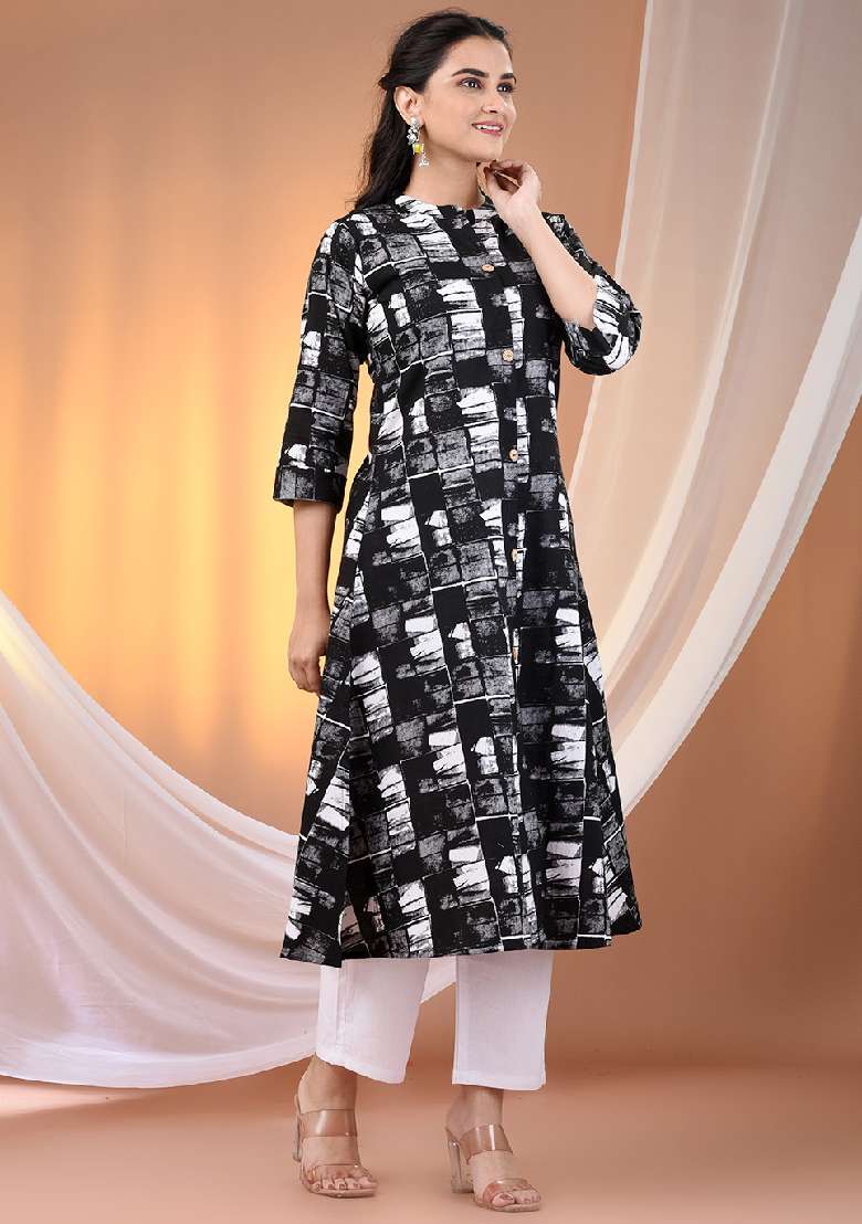 Black Printed Cotton A Line Kurta Set - Indya