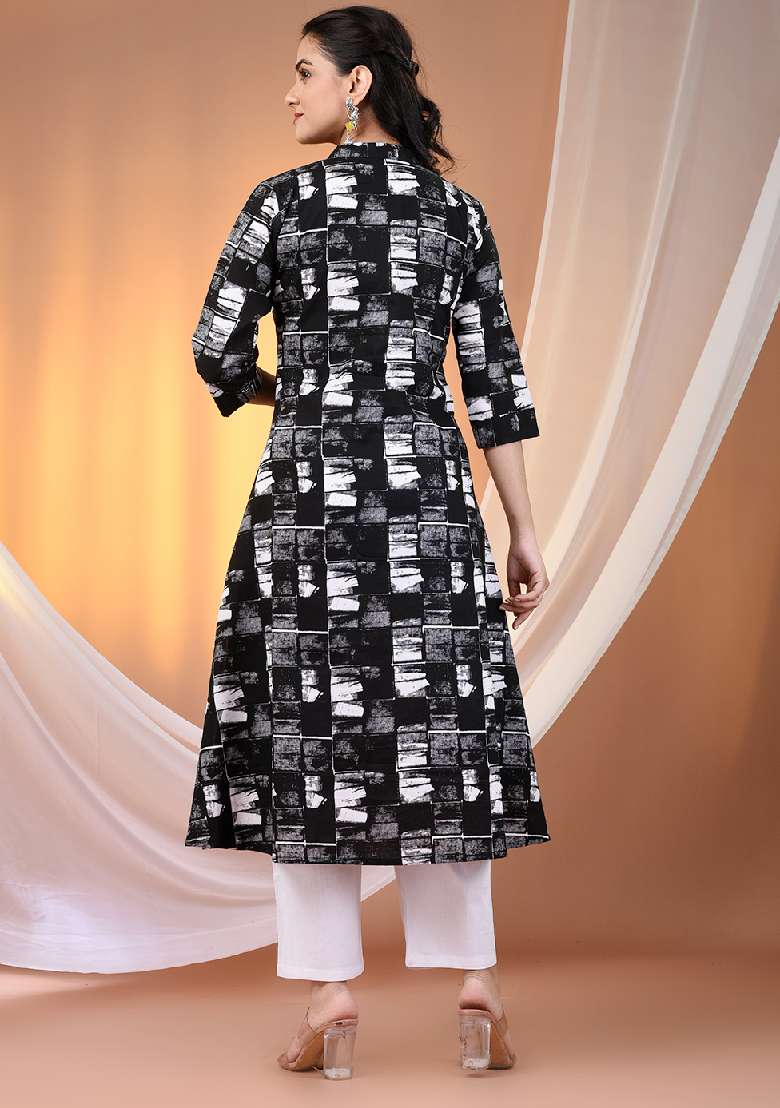 Black Printed Cotton A Line Kurta Set - Indya