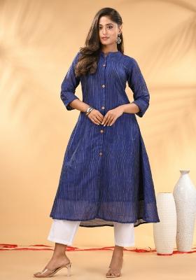 Blue Striped Cotton A Line Kurta Set