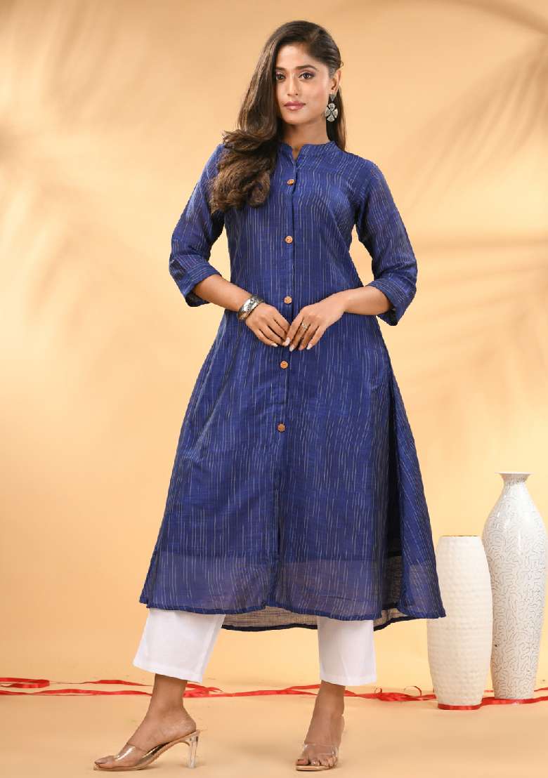 Blue Striped Cotton A Line Kurta Set - Indya
