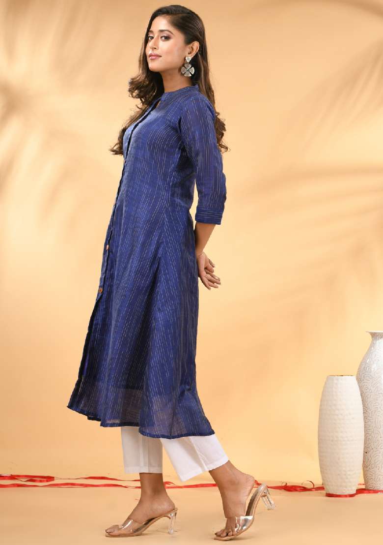 Blue Striped Cotton A Line Kurta Set - Indya