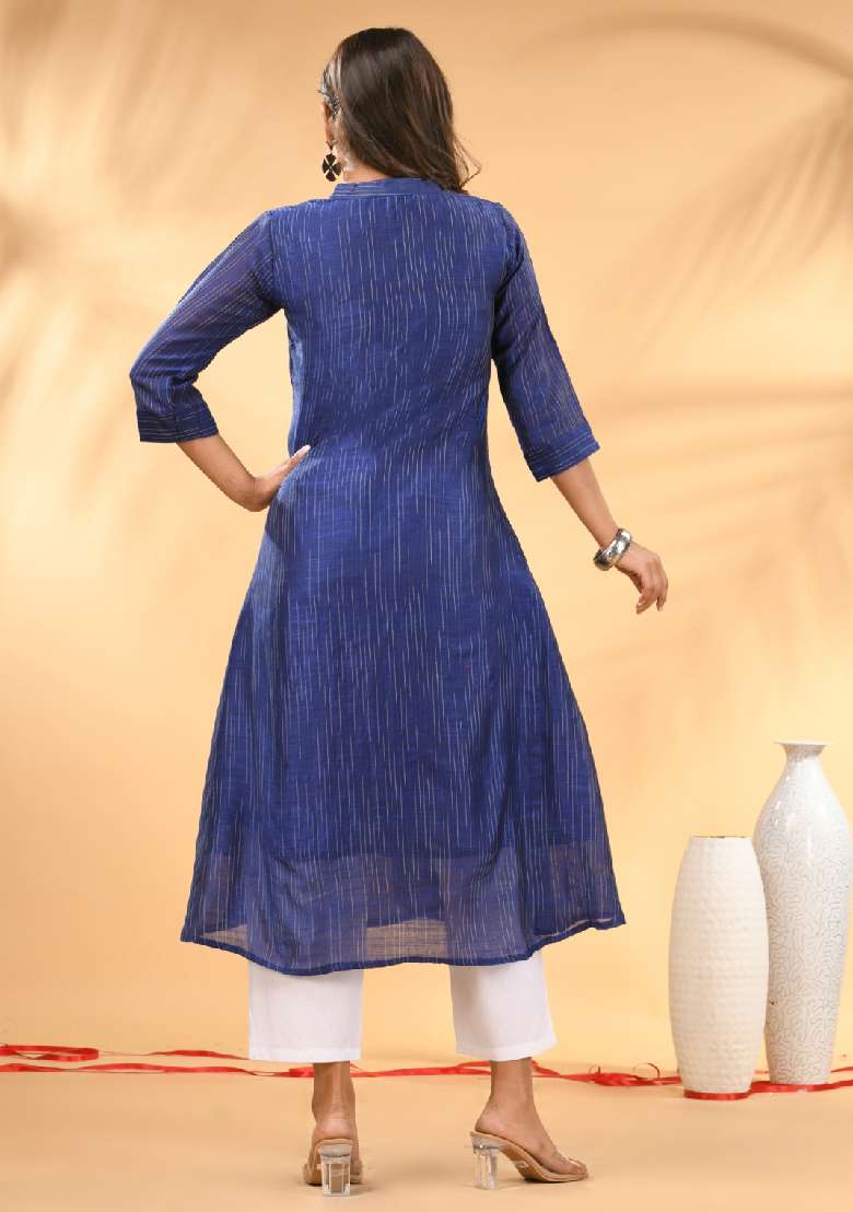 Blue Striped Cotton A Line Kurta Set - Indya