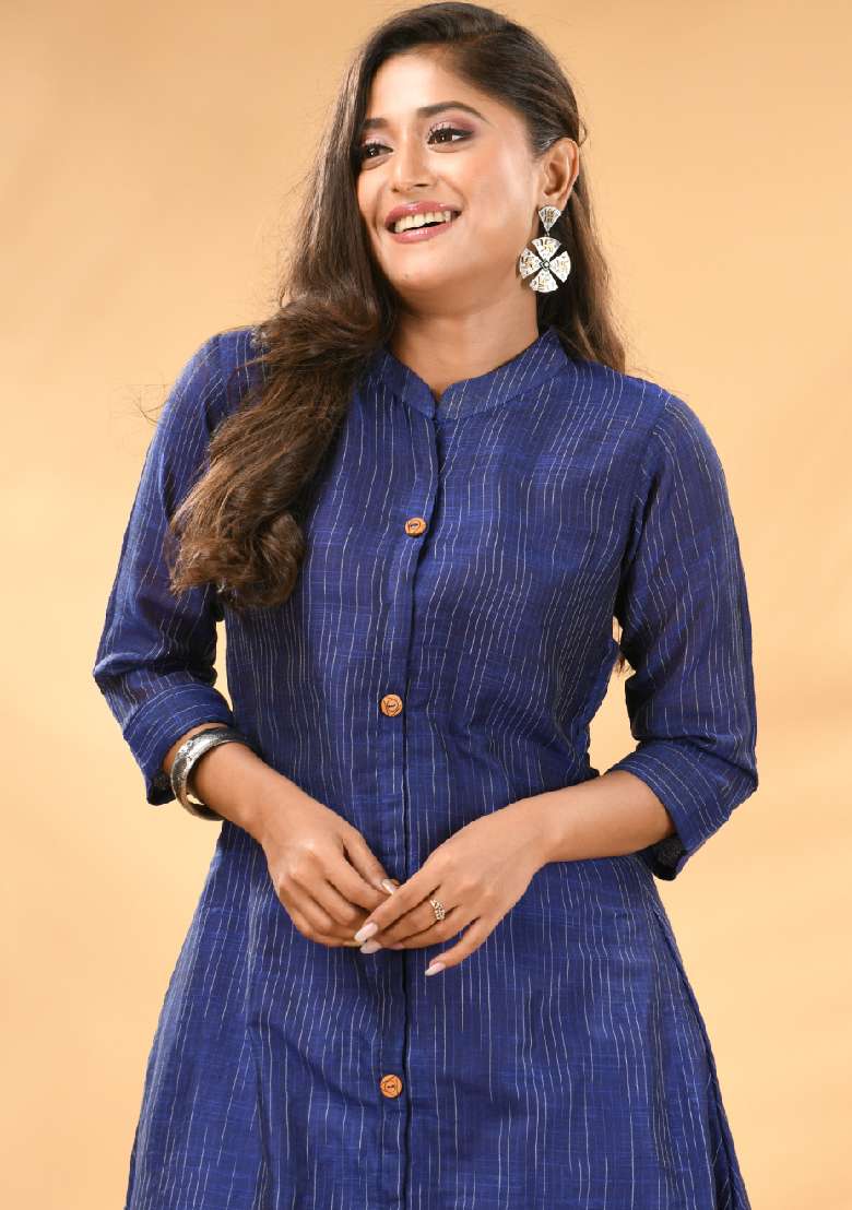 Blue Striped Cotton A Line Kurta Set - Indya
