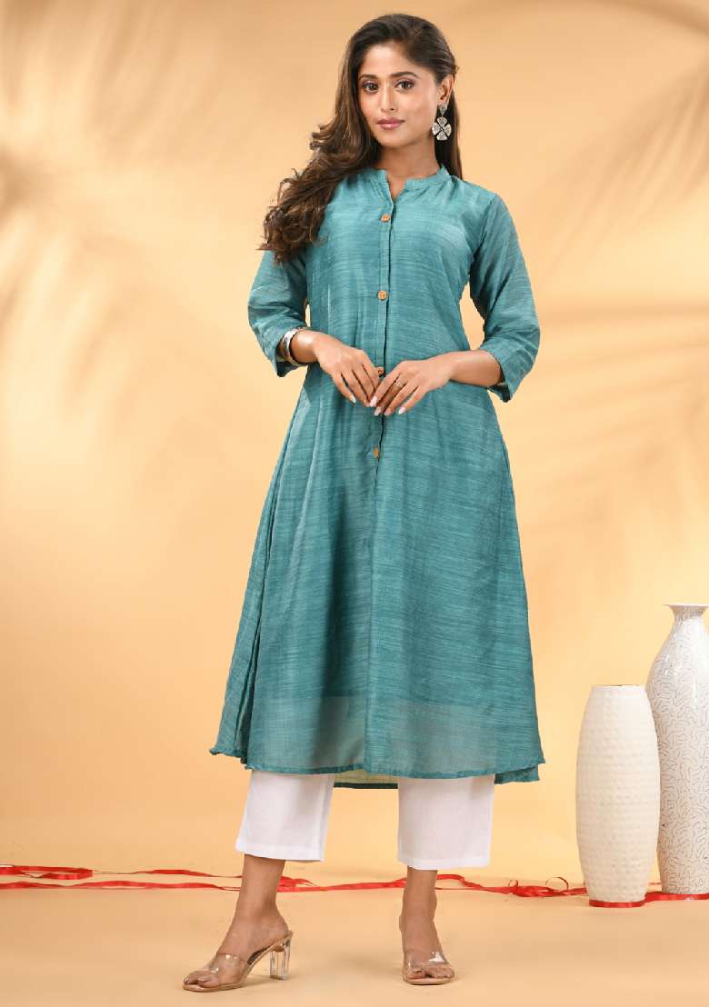 Teal Solid Cotton A Line Kurta Set - Indya