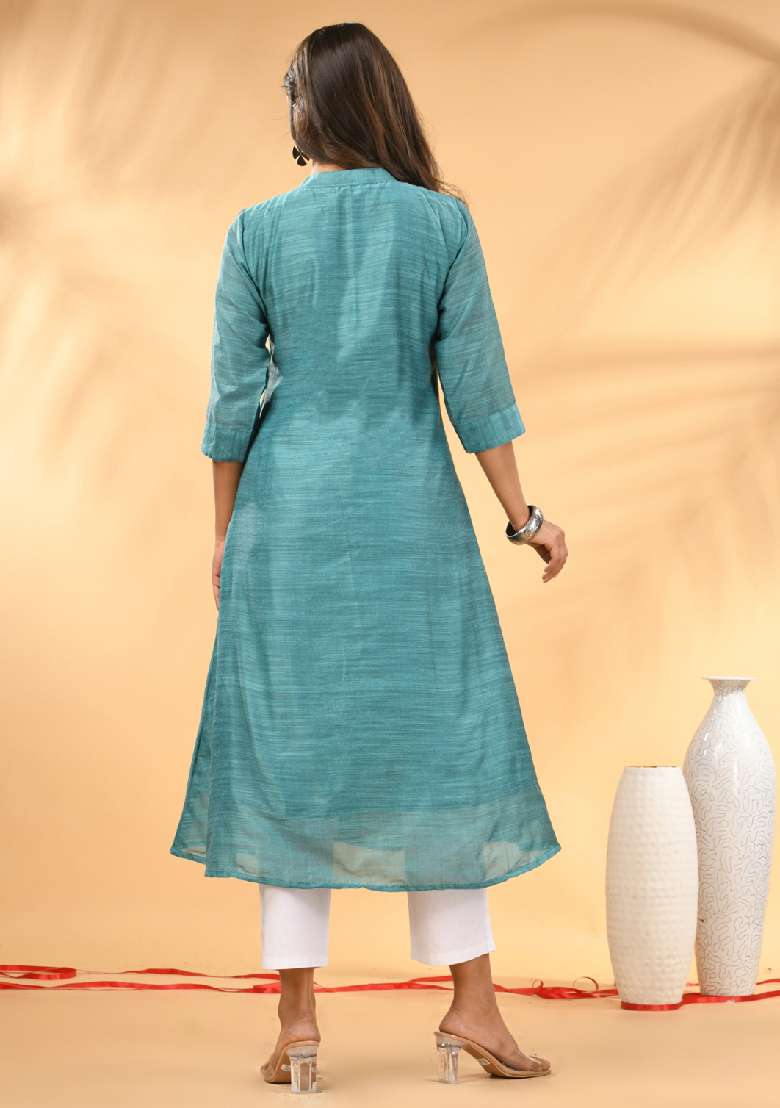 Teal Solid Cotton A Line Kurta Set - Indya