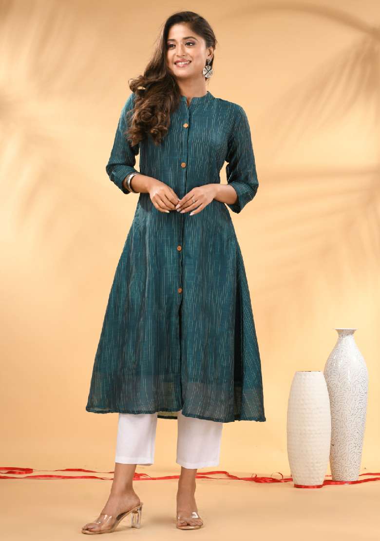 Teal Striped Cotton A Line Kurta Set - Indya