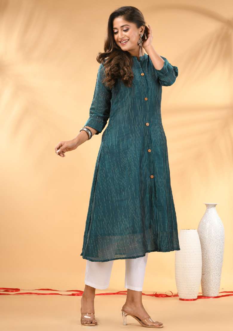 Teal Striped Cotton A Line Kurta Set - Indya