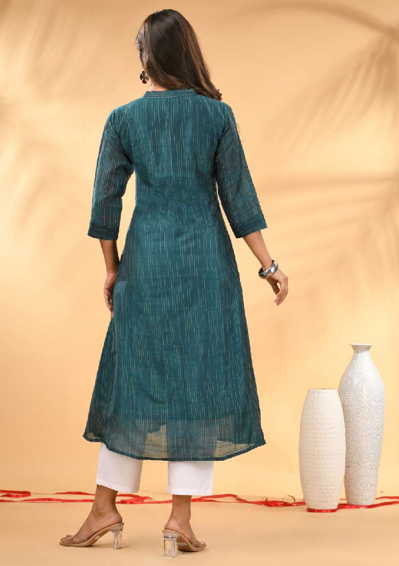 Teal Striped Cotton A Line Kurta Set - Indya