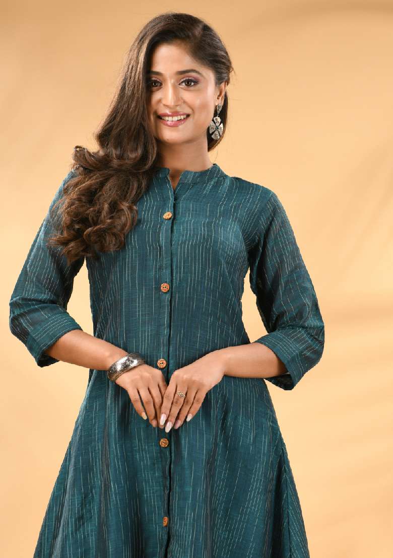 Teal Striped Cotton A Line Kurta Set - Indya