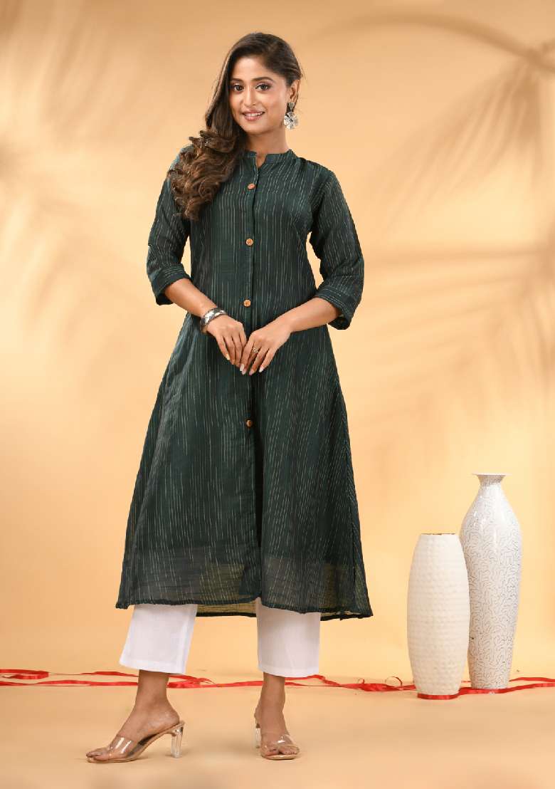 Bottle Green Striped Cotton A Line Kurta Set - Indya