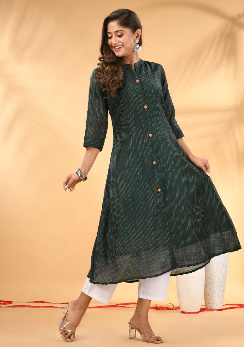 Bottle Green Striped Cotton A Line Kurta Set - Indya