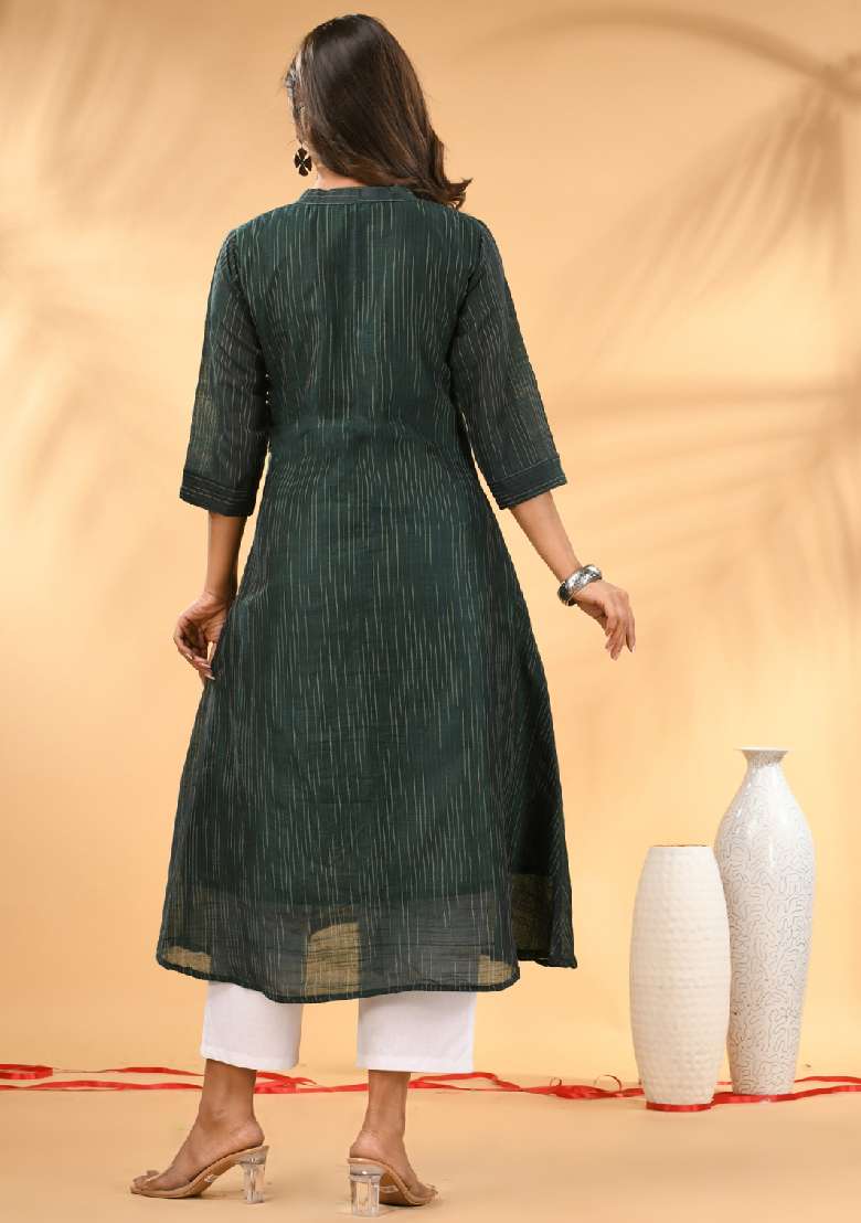 Bottle Green Striped Cotton A Line Kurta Set - Indya