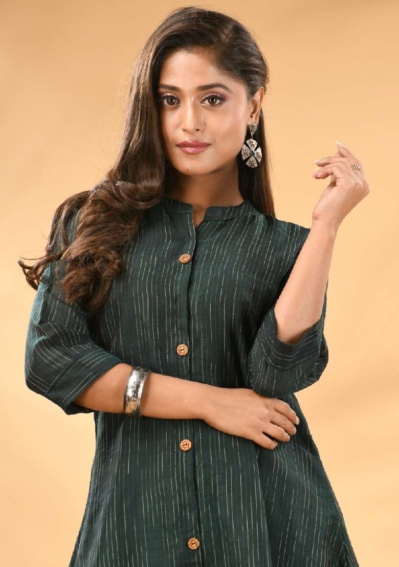 Bottle Green Striped Cotton A Line Kurta Set - Indya