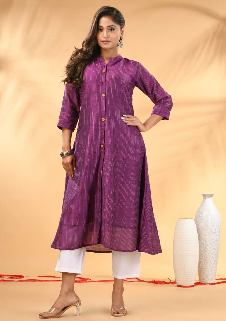 Purple Striped Cotton A Line Kurta Set - Indya