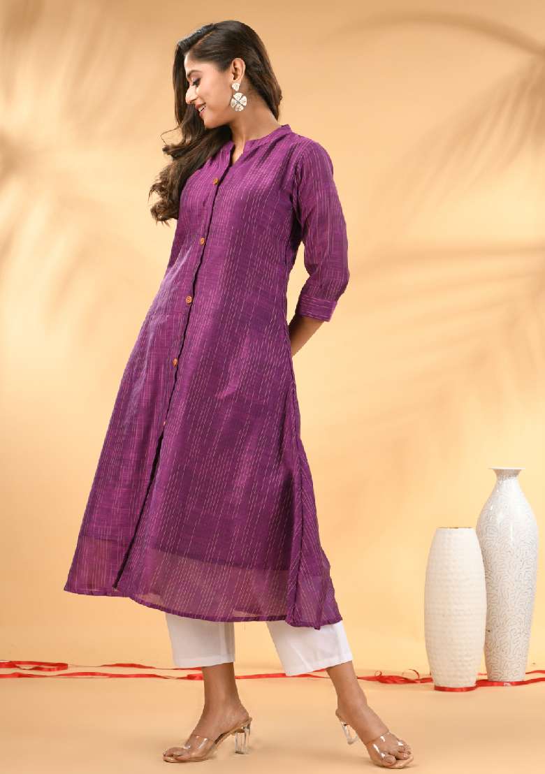 Purple Striped Cotton A Line Kurta Set - Indya