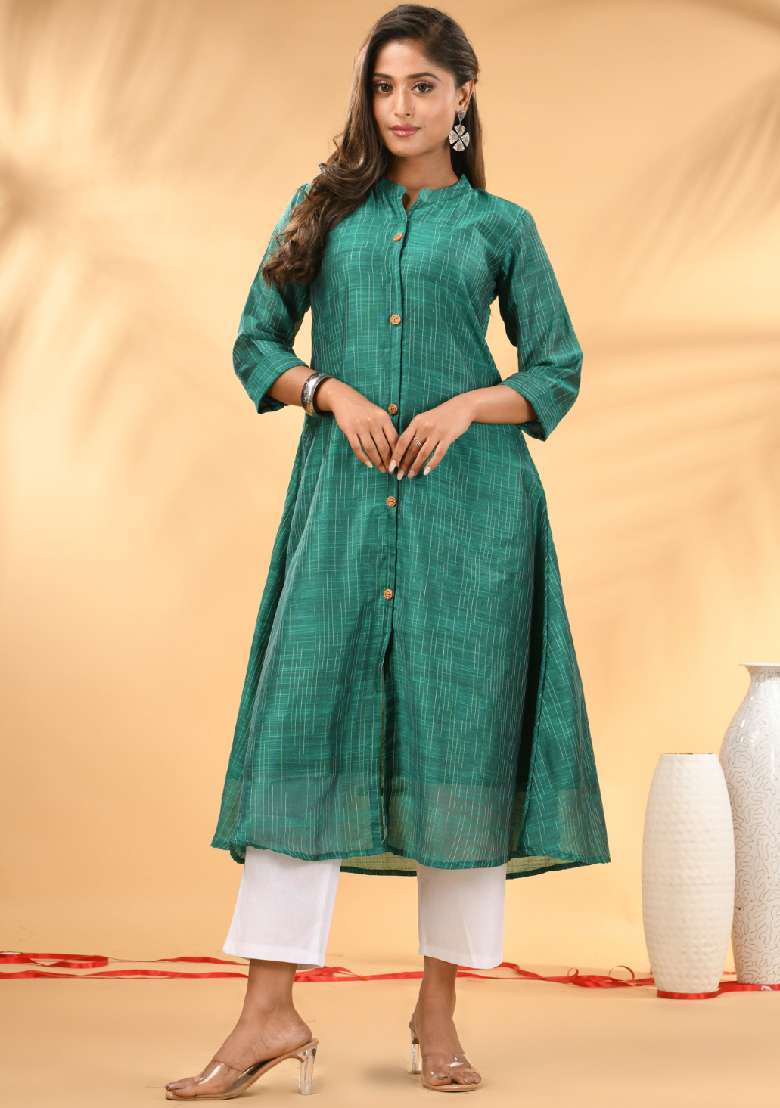Green Striped Cotton A Line Kurta Set - Indya