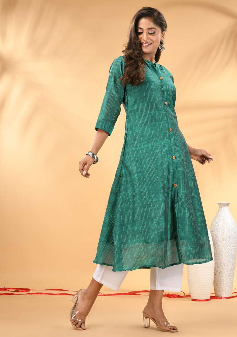 Green Striped Cotton A Line Kurta Set - Indya