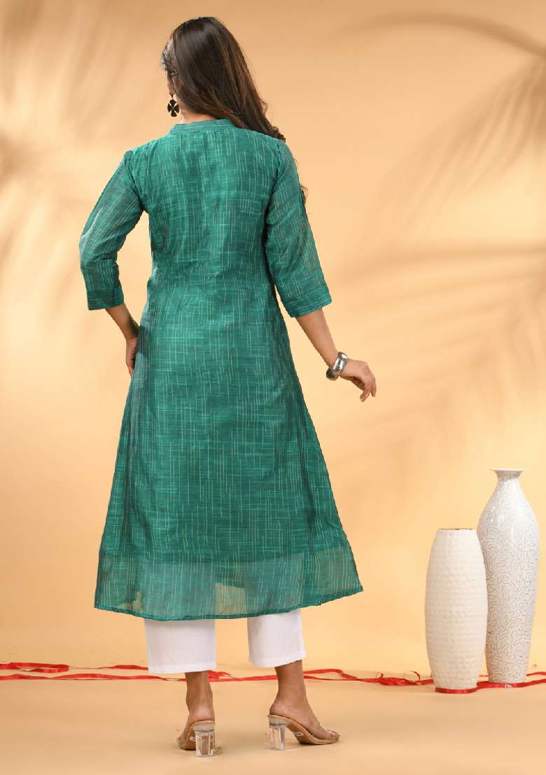 Green Striped Cotton A Line Kurta Set - Indya