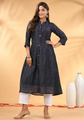 Midnight Blue Striped Cotton A Line Kurta Set
