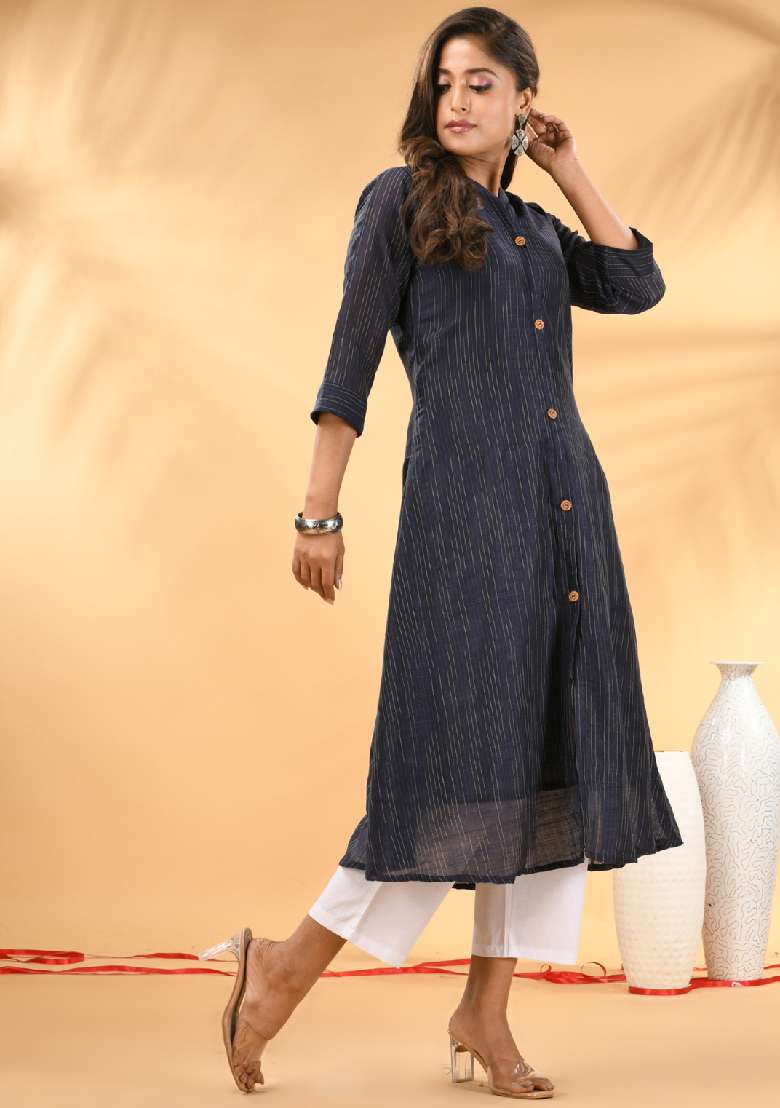 Midnight Blue Striped Cotton A Line Kurta Set - Indya