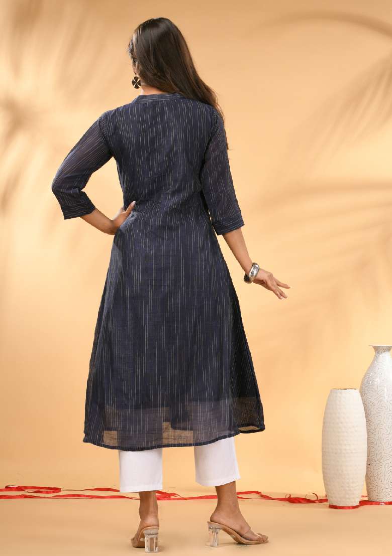 Midnight Blue Striped Cotton A Line Kurta Set - Indya