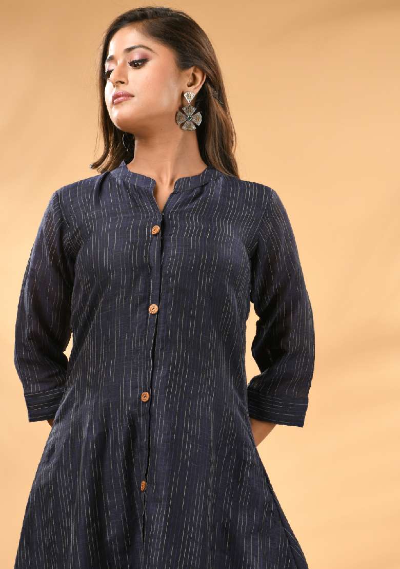 Midnight Blue Striped Cotton A Line Kurta Set - Indya