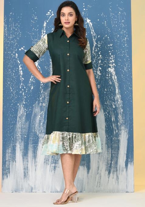Green Solid Cotton Dress