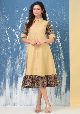Beige Solid Cotton Dress