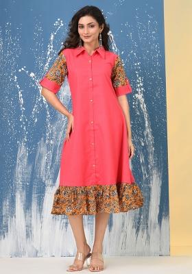 Coral Pink Solid Cotton Dress